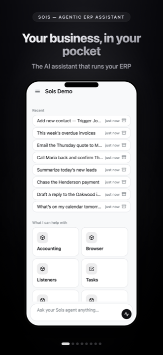The Sois home screen: recent chats and the modules the agent can use